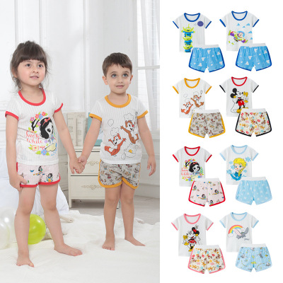 21 Summer New Pure Cotton Children's Short-Sleeved Suit Baby Breathing Cotton T-shirt Half Sleeve Cartoon Home Children's Clothing