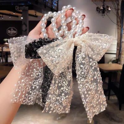 Pearl Bow Lace Long Streamer Hair Rope Tie Hair Accessory for Ponytail Fairy Girl Large Intestine Hair Ring Hair Rope Hair Ring