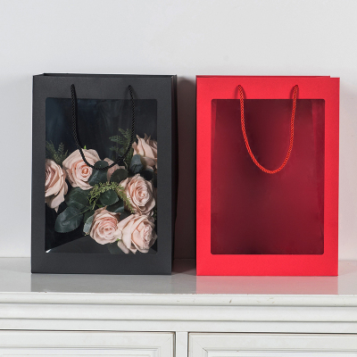 INS Transparent Flowers Handbag Subnet Red Mother's Day Valentine's Day Simple Window Bouquet Gift Bag Vertical Paper Bag