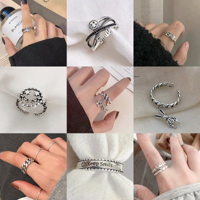 European and American Fashion Cool Silver Ring with Opening Women's Smiling Face Multi-Layer Ins Trendy Korean Retro Punk Simple Index Finger Ring