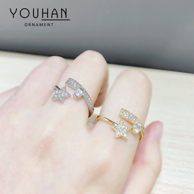 2021 New Internet Influencer Cold Style Zircon Five-Pointed Star Open Ring Fashion Personality Trendy Special-Interest Design Index Finger Ring