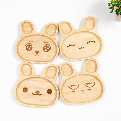 Wooden Cute Expression Rabbit Plate Children's Tableware Creative Rubber Wood Cartoon Baby Kid Tableware Plate Wholesale