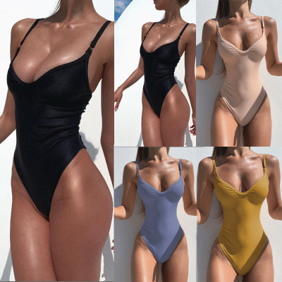 2020 New Foreign Trade Cross-Border Swimsuit Women's European and American Amazon Hot Solid Color Lady Sexy Swimsuit Women's One-Piece