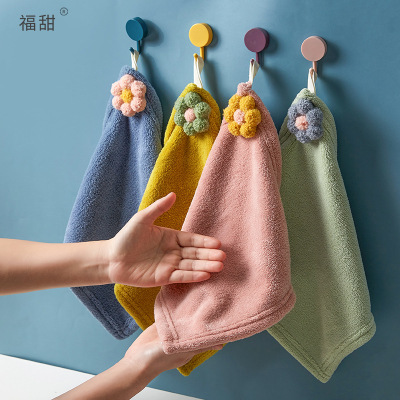 Fu Tian-Coral Fleece Hand Towel Cute Soft Absorbent Nordic Style Kitchen Small Tower with Hook