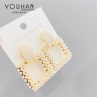 Korean Dongdaemun Same Product Earrings Female Geometric Square S925 Silver Pearl Stud Earrings Temperament Wild Earring Ornament