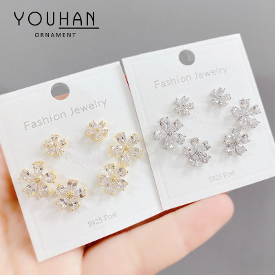 Sterling Silver Needle Micro Inlaid Zircon Petal Three-Piece Earrings Small Personality One Card Three Pairs Combination Earrings Earrings for Women