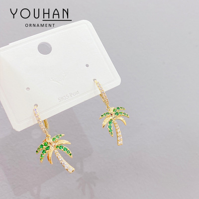 European and American Fashion Trendy Earrings Female Micro Inlaid Zircon Tropical Coconut Tree Ear Clip Temperament Wild Slim-Looking Face Earrings Jewelry