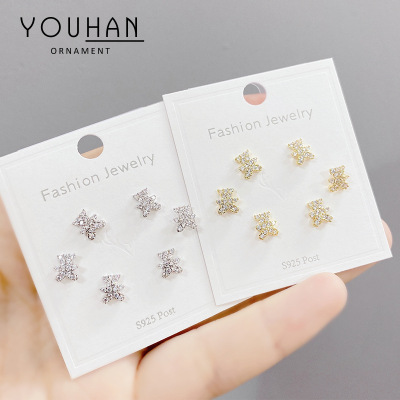 One Card Three Pairs Fashion Three-Piece Set Stud Earrings Bear Simple Micro Inlaid Zircon 925 Silver Ear Studs Earrings