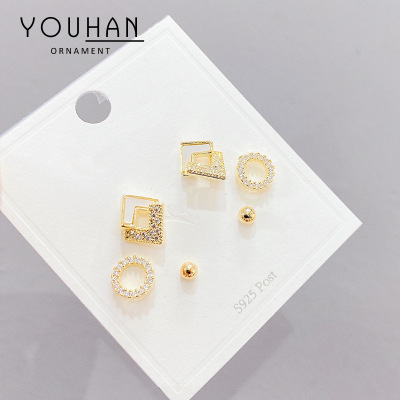 Sterling Silver Needle Micro Inlaid Zircon Ring Three-Piece Earrings Small Personality One Card Three Pairs Combination Earrings Earrings for Women