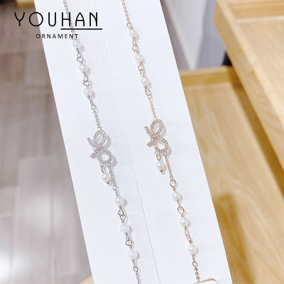 2020 New Bracelet Women's Korean-Style Simple Double Layers Loving Heart Bow Bracelet Full Diamond Pearl Bracelet Source Factory