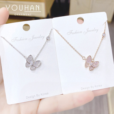 2020 New Butterfly Necklace Women's European and American Fashion Micro Inlaid Zircon Clavicle Chain Jewelry Necklace Ornament Source Factory