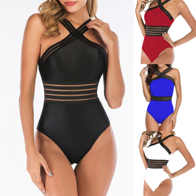 2020 Amazon New Women's One Piece Sexy Cross-Border Lace Screen Pure Color Halter Bikini Swimsuit
