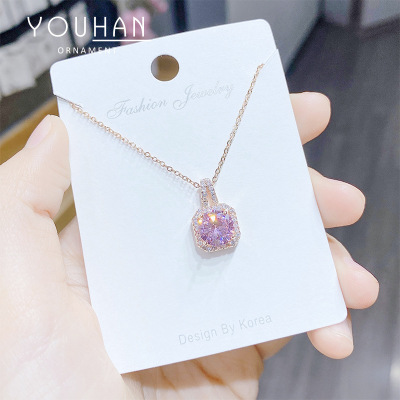 Japanese and Korean Square Pink 3A Zircon Fashion Women's Necklace Micro-Inlaid Temperament Clavicle Chain Women's Jewelry Factory Direct Supply