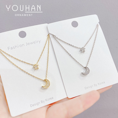 Electroplated Real Gold Star Moon Necklace Women's Exquisite Pentagram Simple All-Match Moon Clavicle Chain Anti-Allergy Jewelry