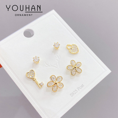 One Card Three Pairs of Earrings 925 Silver Needle Ear Jewelry Fashion All-Match Simple Women Earring Ornament Yiwu Small Products