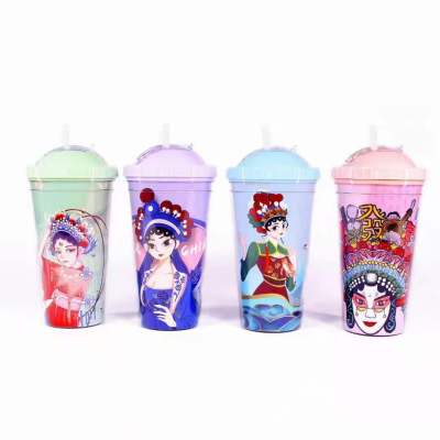 National Fashion Flat Lid Plastic Sippy Cup Chinese Style Ice Cup National Fashion Double Layer Cool Drinks Cup