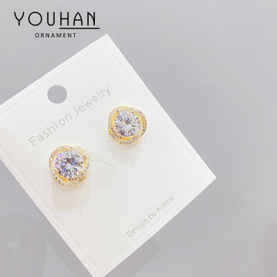 Cross-Border Supply Korean Style Earrings Micro-Inlaid Diamond round Zircon Stud Earrings for Women Sterling Silver Needle Earrings Earring Ornament