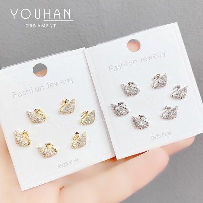 Three-Piece Set Zircon Set Series Korean Style Sterling Silver Needle All-Match Temperament Little Swan Earrings Delicate Earrings