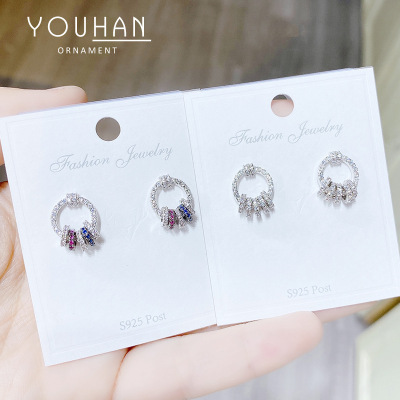 Full Diamond Mori Style Japanese and Korean Sterling Silver Needle Fashion Temperament Multi-Circle Rhinestone round Ring Earrings Girl Heart Jewelry Earrings
