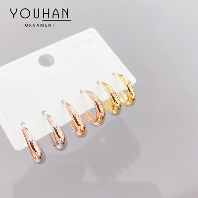 Sterling Silver Needle Copper Gold-Plated Glossy Three-Piece Earrings Small Personality One Card Three Pairs Combination Earrings Earrings for Women
