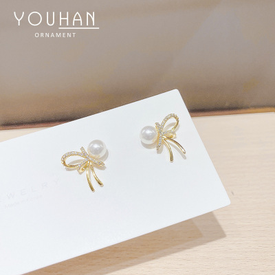 Sterling Silver Needle South Korea Dongdaemun Vintage Pearl Bow Stud Earrings Simple All-Match Petite Earrings Earrings for Women