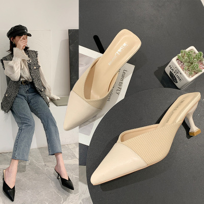 Half Slippers Women's Outer Wear Closed Toe Fashion High Heels Stiletto Heel Semi Slippers Shoes Summer 2020 New Pointed Sandals