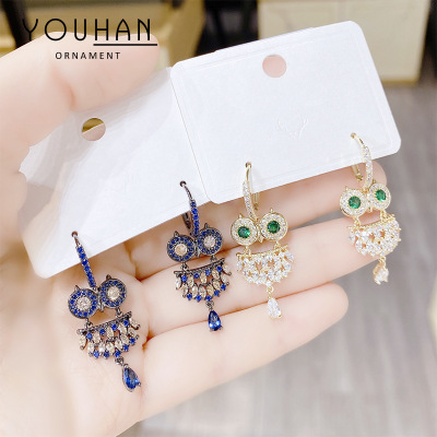 Fashion All-Match New Japanese and Korean Style 925 Silver Ear Studs Earrings Female Inlaid Zircon Owl Earrings Factory Wholesale