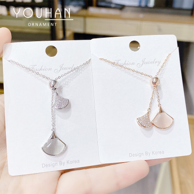 2020 New Pull-out Full Diamond Opal Fan-Shaped Small Skirt Pendant Titanium Steel Necklace Multiple Ways to Wear Jewelry