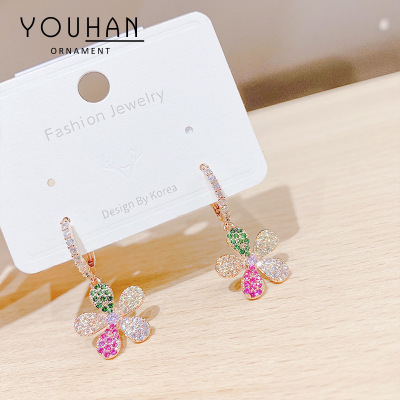 Korean Colorful Flower Earrings Elegant Graceful Inlaid Pearl Zircon Petals Ear Clip Eardrops Women