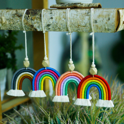 Hand-Woven Rainbow Automobile Hanging Ornament Vintage Nordic Style Home Decoration Ornaments Cotton String Wooden Bead Car Fragrance Aromatherapy Ornament