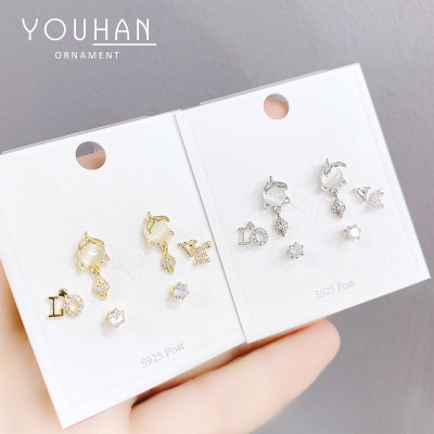 2020 New One Card Three Pairs of Ear Studs Sterling Silver Needle Ear Rings Fashion All-Match Simple Women Stall Goods Wholesale