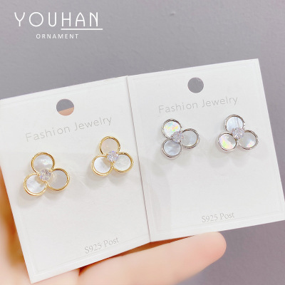 Korean Earrings Rhinestone Zircon Ear Studs Shell Clover Trendy Design Personalized Earrings Female Accessories One Piece Dropshipping