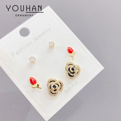 Korean Style Multi-Pair Set Earrings Korean Style Sterling Silver Needle Temperament Three-Piece Earrings Set Three Pairs of Zircon Earrings Gold Plated