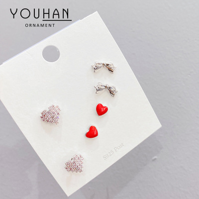 Sterling Silver Needle Electroplated Real Gold One Card Three Pairs Combination Set Female Stud Earrings Simple All-Match Diamond Peach Heart Earrings