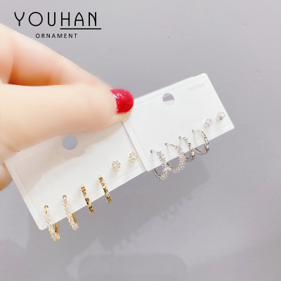 Sterling Silver Needle Stud Earrings Women's One Card Three Pairs Earings Set Korean Style Fashion Micro Inlay Full Diamond Ornament