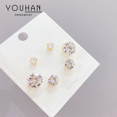 Sterling Silver Needle Micro Inlaid Zircon Three-Piece Earrings Korean Style Small Personality One Card Three Pairs Combination Earrings Earrings for Women