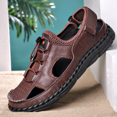 Men's Closed Toe Sandals Trendy Cowhide 2021 Summer New Breathable Hollow Hole Shoes Men's Outdoor Casual Beach Shoes