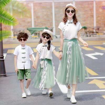 Parent-Child Clothing Summer Clothing a Family of Three Hanfu 2021 Boys and Girls Mother-Daughter Suit Mother-Child Mother-Daughter Matching Outfit Skirt Wholesale