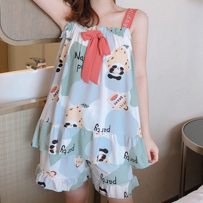 Summer New Vest Camisole Pajamas Cartoon Milk Silk Bow Fresh Girl Leisure Suit Factory Wholesale