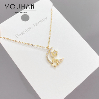 Korean Fashion Five-Pointed Star Moon Necklace for Women Ins Special-Interest Design Clavicle Chain Choker Necklace Jewelry Wholesale