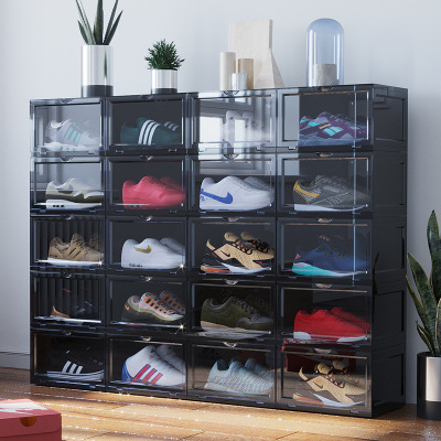 Sports Shoes Storage Box Shoe Box Removable Folding Container Storage Box Plastic High-Top Transparent Shoe Box Magnetic Door Storage Box