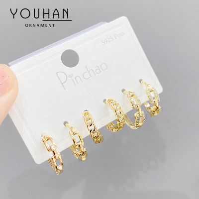 New One Card Three Pairs Combination Set Fashion Design Personality Three-Piece Suit Ear Studs Sterling Silver Needle Earrings for Women