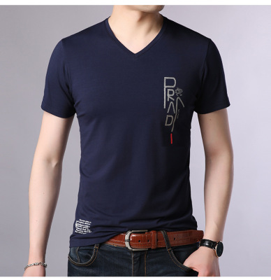 V-neck Fashion Men's 2021 Summer New Cotton T-shirt Men's Korean-Style Casual Slim-Fit Solid Color Short-Sleeved Men's T-shirt