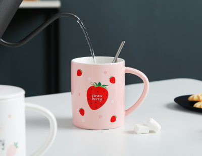 Fresh Strawberry Ceramic Cup Internet Celebrity Live Hot Gift Cup with Cover Spoon Mug Custom Logo