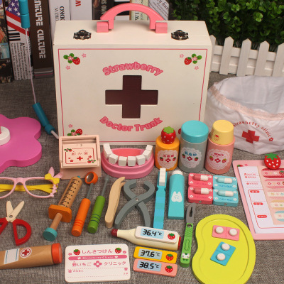 Children's Wooden Simulation Play House Doctor Nurse Toy Set Boys and Girls Stethoscope Injection Medicine Box Tool