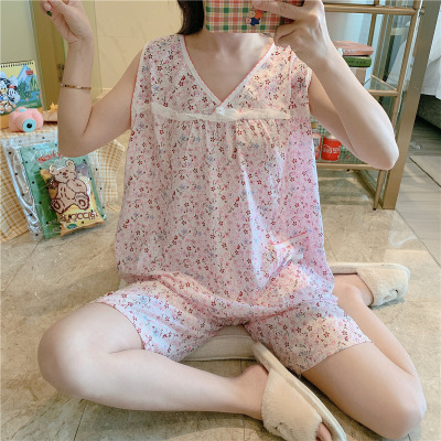Mom Pajamas Women's Summer Vest Floral Knitted Cotton Thin Suit Large Size for Middle-Aged and Elderly People Pullovers Home Wear