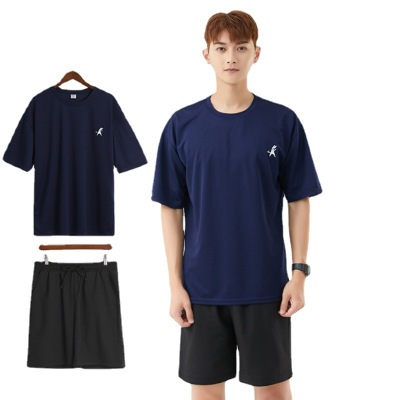 High Quality Embroidered T-shirt Men's Summer Breathable Wicking Leisure Sports Suit Outdoor Loose plus Size Running Short Sleeve