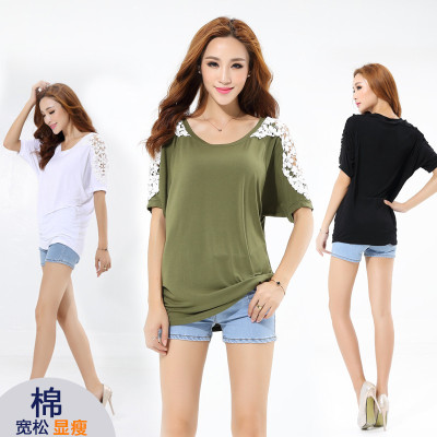 Jin plus Size Women's Clothing Plump Girls Summer Loose Slimming Batwing Shirt Short-Sleeved T-shirt All-Matching Hollow Top Fashion