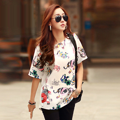 Large Size Women's Clothing 200 Jin Plump Girls Summer Korean Style Loose Casual Print T-shirt Women's Short Sleeve Summer Large Size Chiffon Shirt