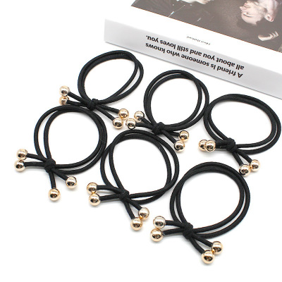 Korean Style High Elastic Hair Band Basic Tie Hair Rope Double Knot Golden round Beads Rubber Band Factory Wholesale Hair Accessories